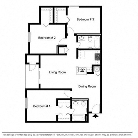 Floor plan for 3 beds, 2 baths, 1081 sqft